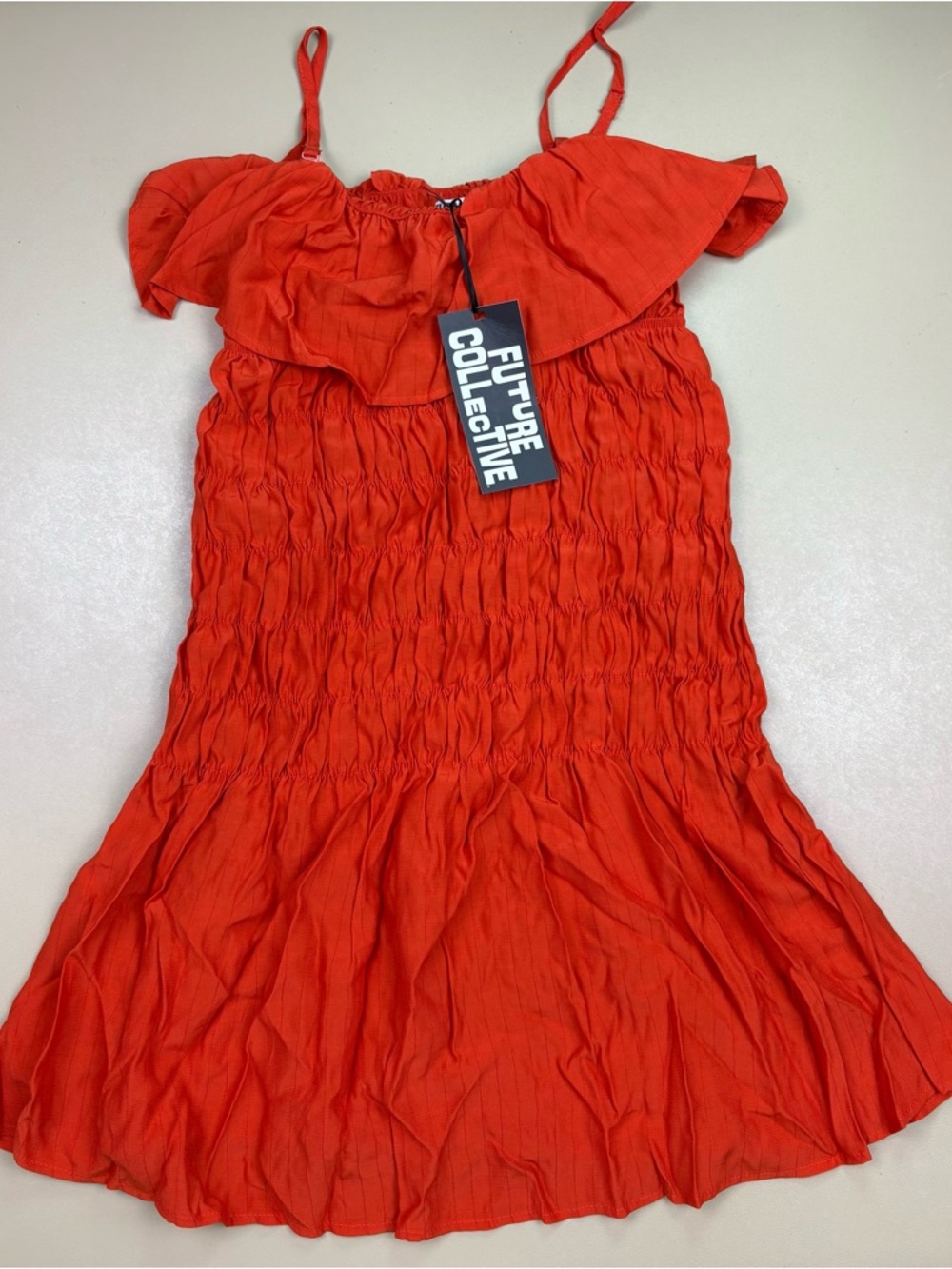 Future Collective Orange Mini Dress XS Ruched Ruffle Off Shoulder NWT